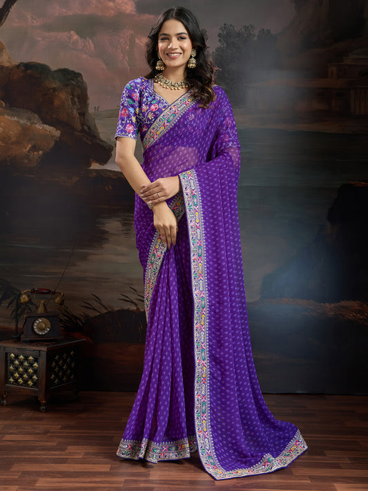Royal Violet Bandhani Chiffon Saree with All-Over Self-Tone Diamond Dot Weave, Broad Multicolour Kashmiri Embroidered Border & Heavily Embroidered Multicolour Floral Blouse