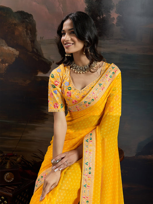 Sunshine Yellow Bandhani Silk Saree with All-Over White Dot Weave, Broad Multicolour Kashmiri Embroidered Border & Heavily Embroidered Floral Blouse