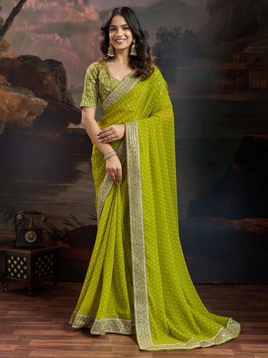 Olive Chartreuse Green Bandhani Georgette Saree