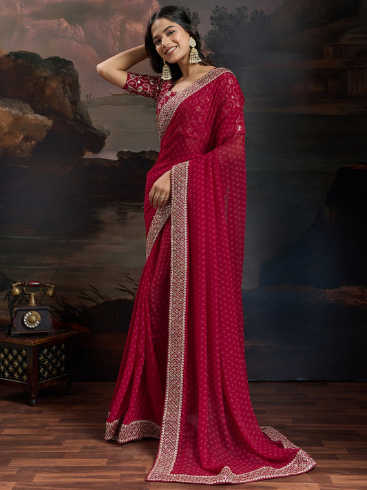 Deep Rani Pink Bandhani Chiffon Saree with All-Over Self-Tone Dot Weave, Broad Gold & Ivory Sequin Ogee Lattice Border & Gold Zari Swirl Scroll Embroidered Blouse
