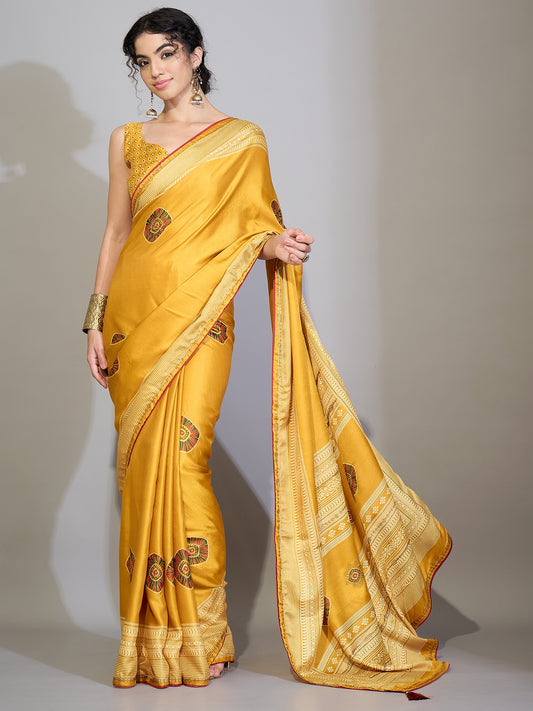 Mustard Yellow Satin Printed Saree
