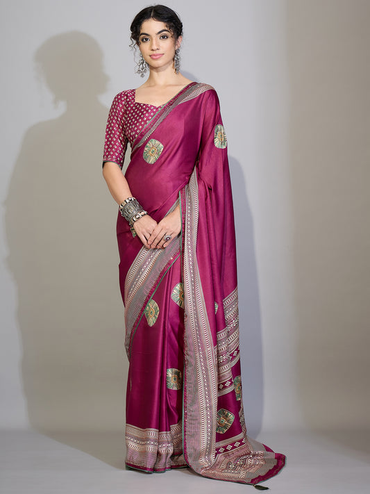 Dark Pink Tissue Silk Saree with Zari Stripes