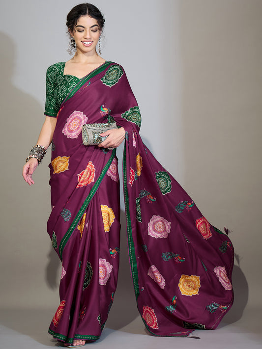 Wine Purple Printed Georgette Saree