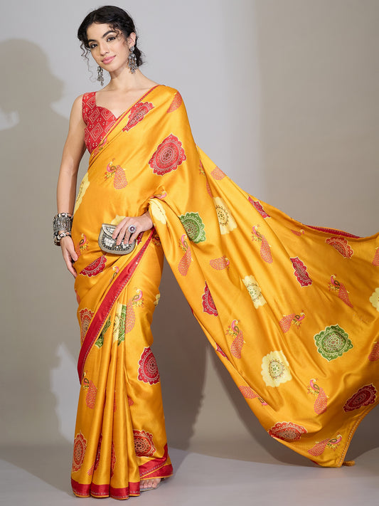 Mustard Yellow Printed Satin Silk Saree
