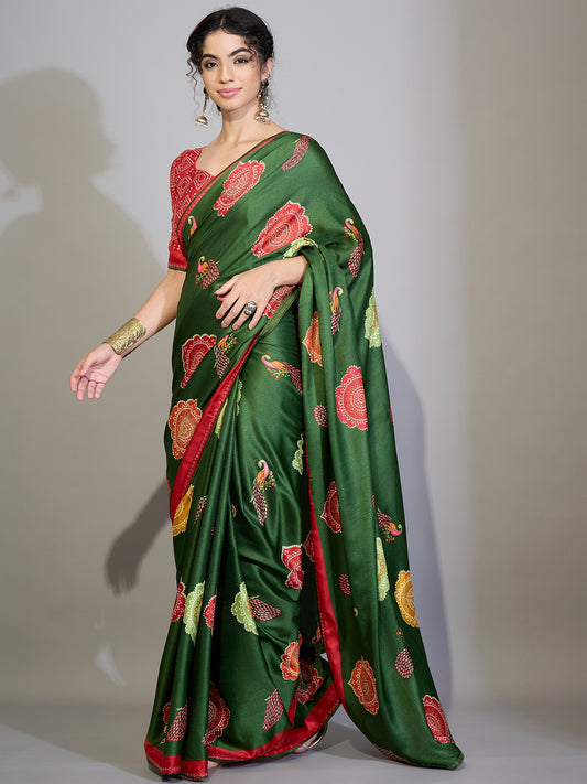Green Bandhani Printed Saree