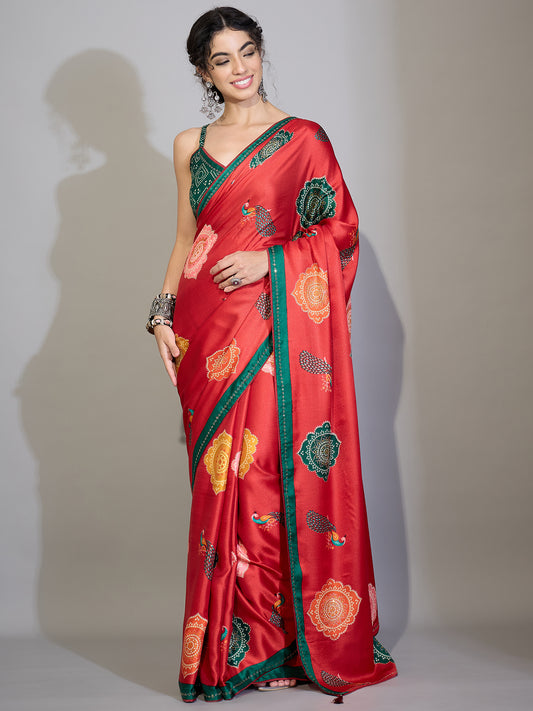Red & Green Traditional Printed Saree