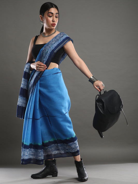 Blue Cotton Blend Saree