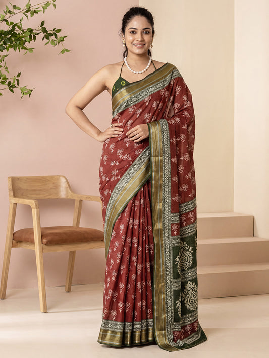 Maroon & Dark Green Cotton Saree
