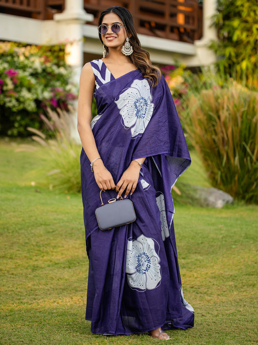 Deep Royal Navy Blue Cotton Saree