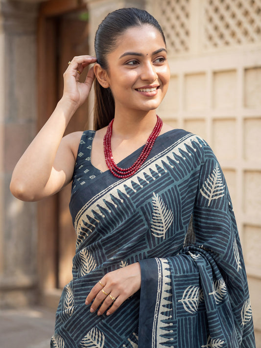 Navy Blue Cotton Printed Saree