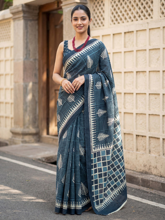 Navy Blue Cotton Printed Saree