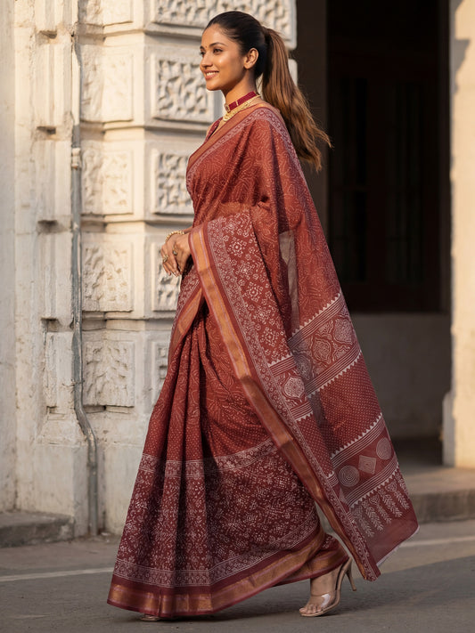 Maroon Cotton Blend Printed Saree