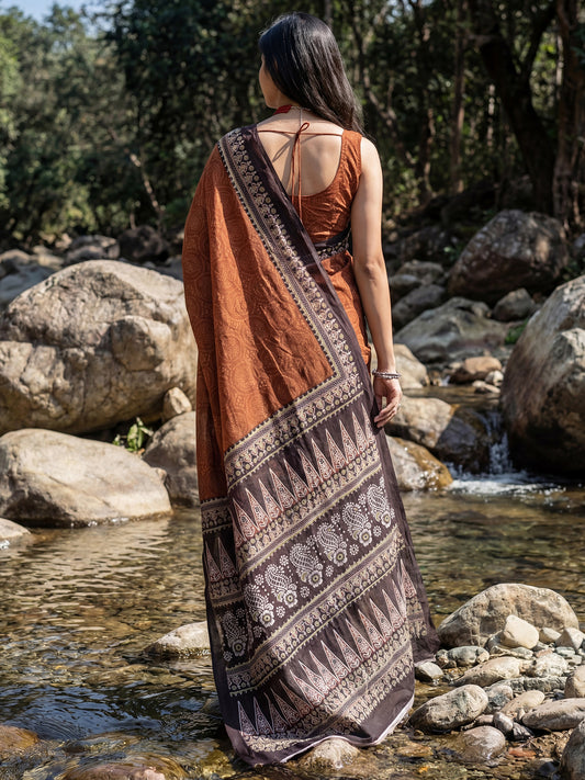 Rust Saree Ajrakh Print Cotton Silk Saree