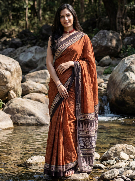 Rust Saree Ajrakh Print Cotton Silk Saree