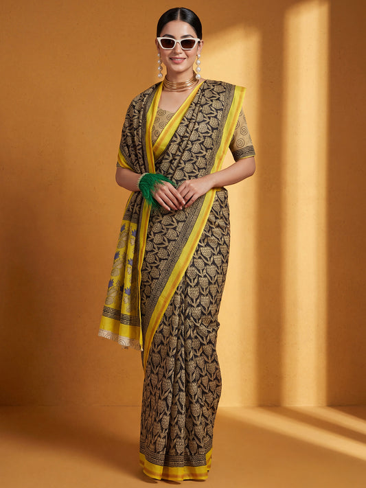 Beige & Black Cotton Blend Saree