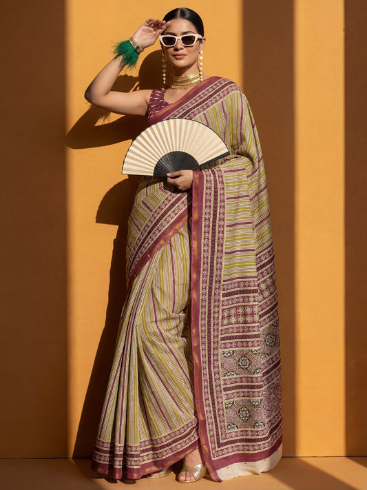 Magenta & Green Silk Blend Patola Gaj Motif Traditional Zari Border