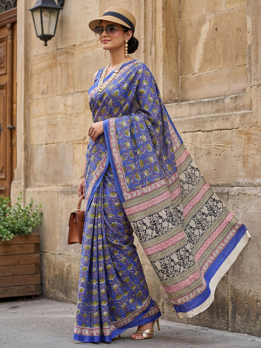 Dark Blue Block Printed Saree