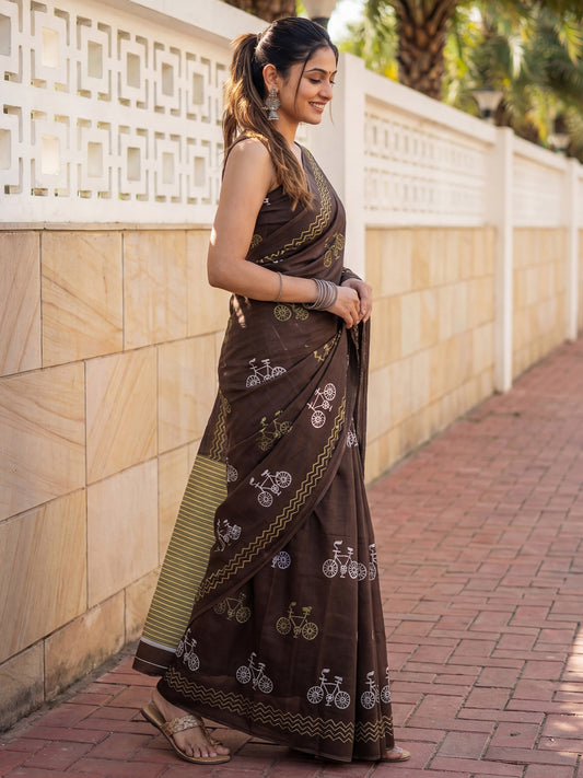 Dark Brown : Cotton Silk : Bicycle Block Print Saree