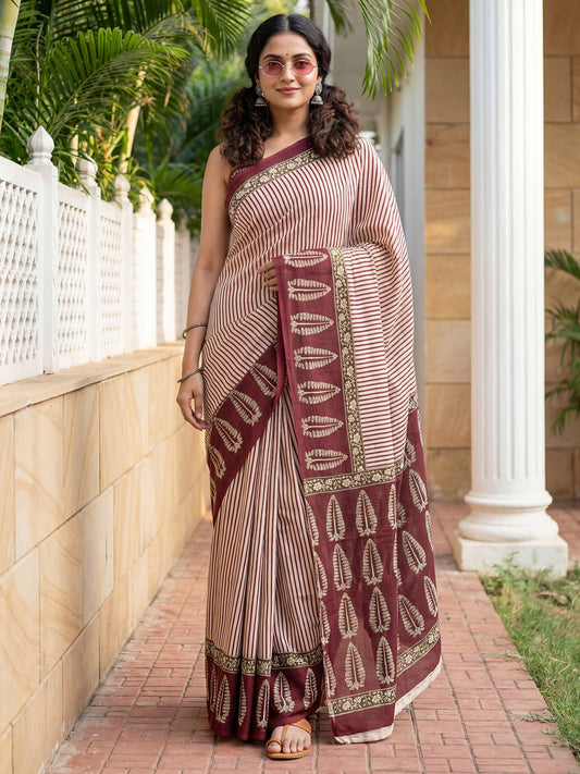 Maroon cotton blend Saree with Stripes