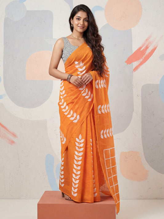 Orange Leaf Motif Batik Print Cotton Mulmul Geometric Pallu Saree