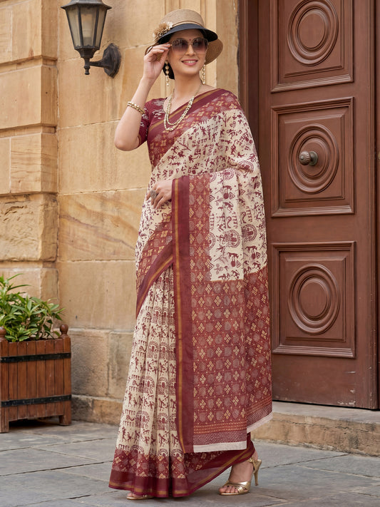 Red And white warli Print Saree