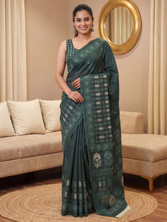 Dark Green Saree Block Print Saree
