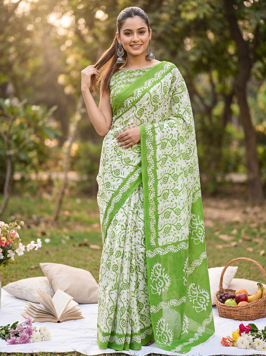 Floral Jaal Print Cotton Mulmul Saree