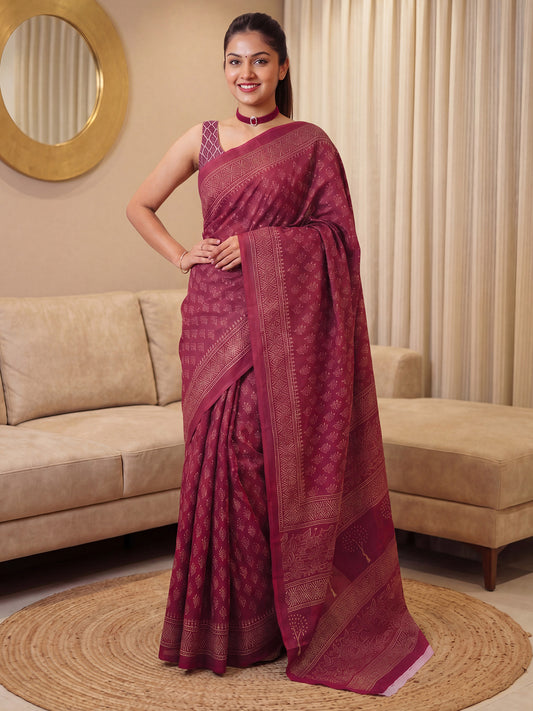 Wine Saree Madhubani Style Print Saree