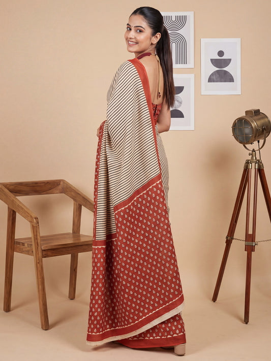 Cream Saree Striped Print Cotton Saree
