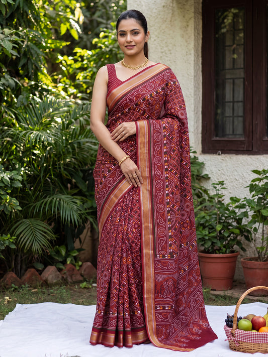 Maroon Saree Patola & Bandhani Print Saree