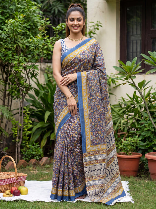 Grey & Mustard Saree Kalamkari Print Saree