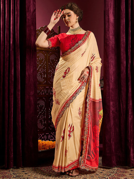 Beige & Red Silk Saree with Banarasi Embroidered Border