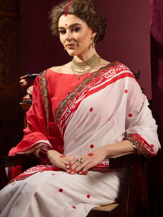 White Cotton Print Saree