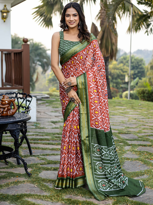 Rust & Emerald Green Patola Silk Saree