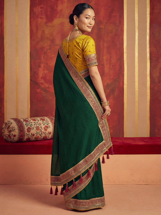 Olive Green Tissue Silk Saree with Zari Stripes