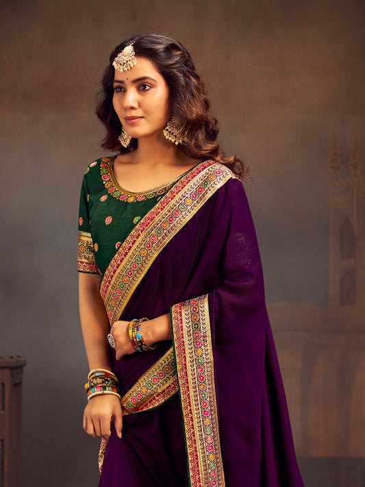Purple Vichitra Silk Saree with Embroidered Border