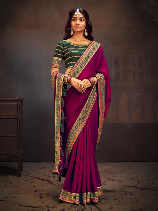 Magenta Silk Saree with Embroidered Border & Green Blouse