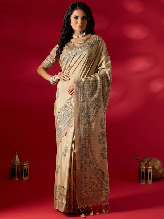 Beige Kalamkari Art Silk Saree