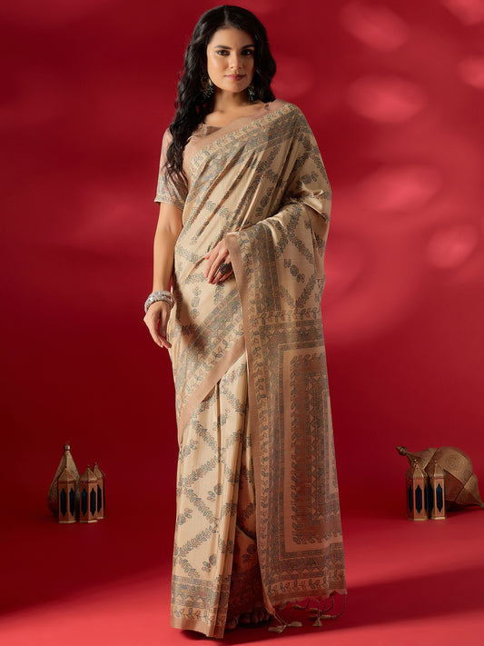 Beige Kalamkari Digital Print Art Silk Saree