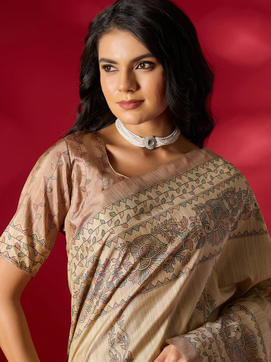 Beige Kalamkari Digital Print Art Silk Saree