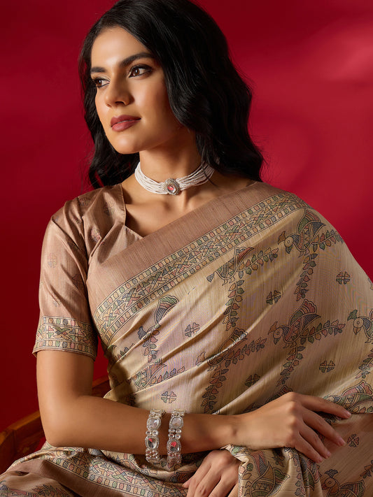 Beige Kalamkari Art Silk Saree