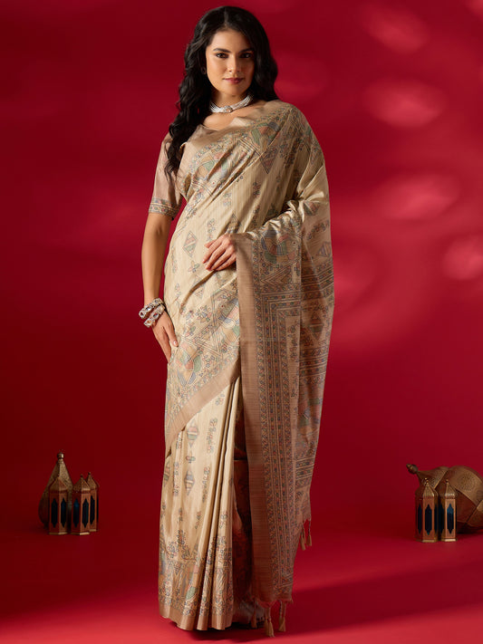 Beige Kalamkari Geometric & Floral Art Silk Saree