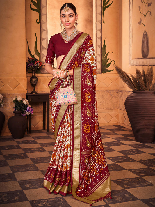 Maroon Cream Silk Patola Saree