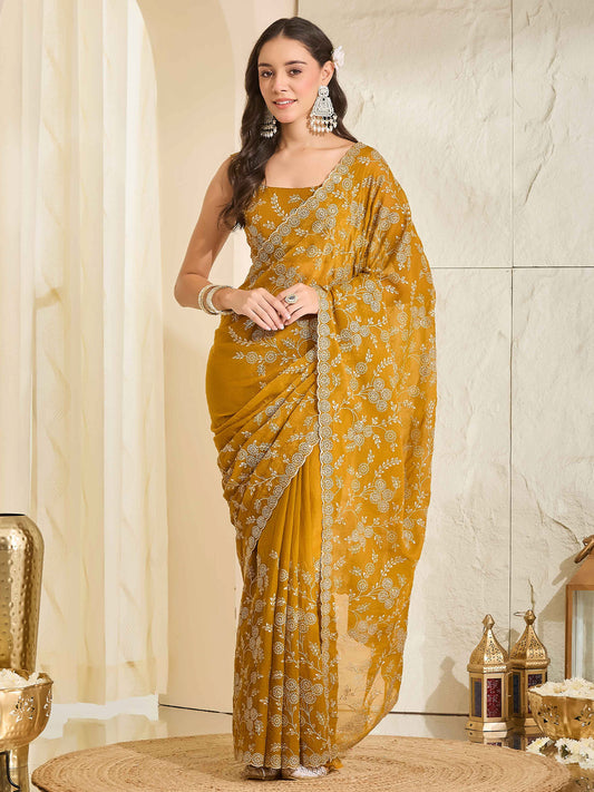 Aahana Mustard Embellished Tissue Saree with Embroidered Border & Mustard Blouse Piece