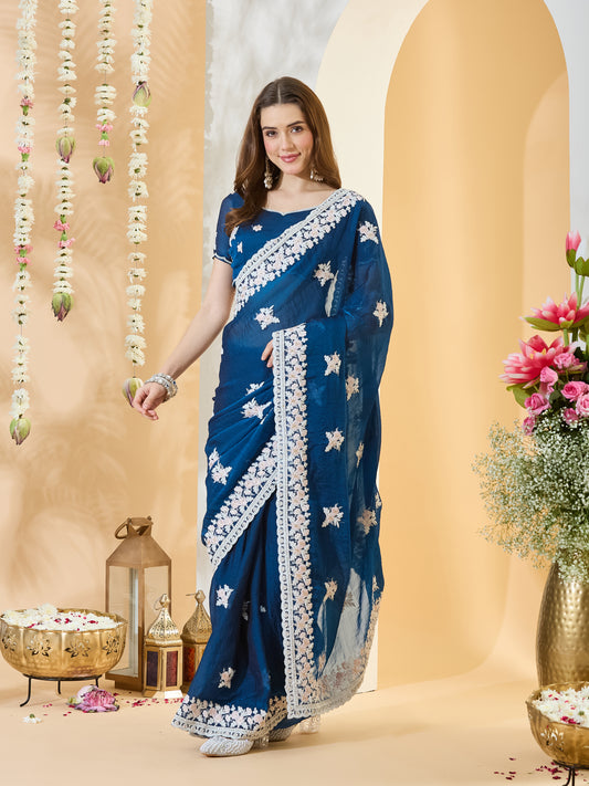 Sumitra Teal Blue Embroidered Georgette Saree with Scallop Border & Teal Blue Blouse Piece