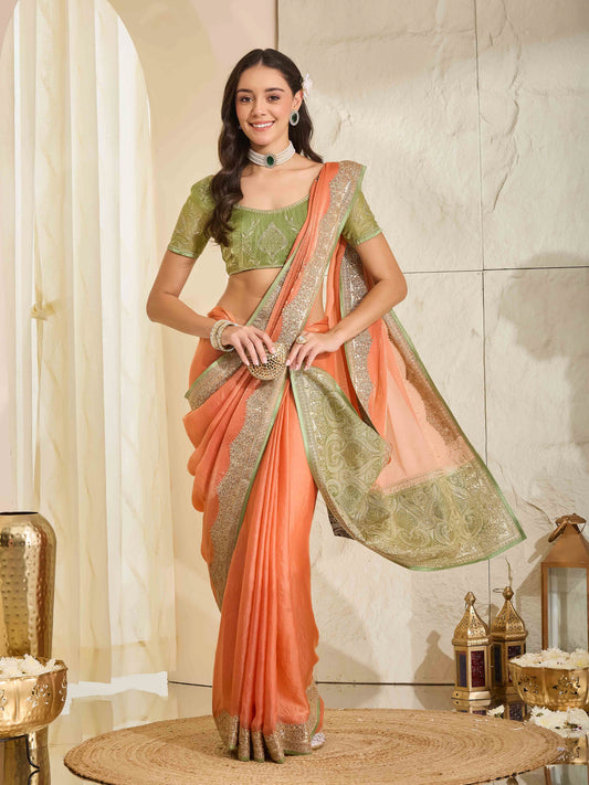 Aishani Orange Solid Satin Saree with Embellished Border & Light Green Blouse Piece