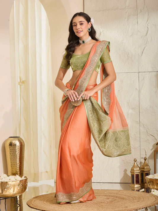 Aishani Orange Solid Satin Saree with Embellished Border & Light Green Blouse Piece