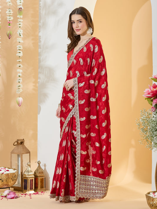 Pavitra Red Zari Butta Viscose Silk Saree with Embellished Border & Red Blouse Piece