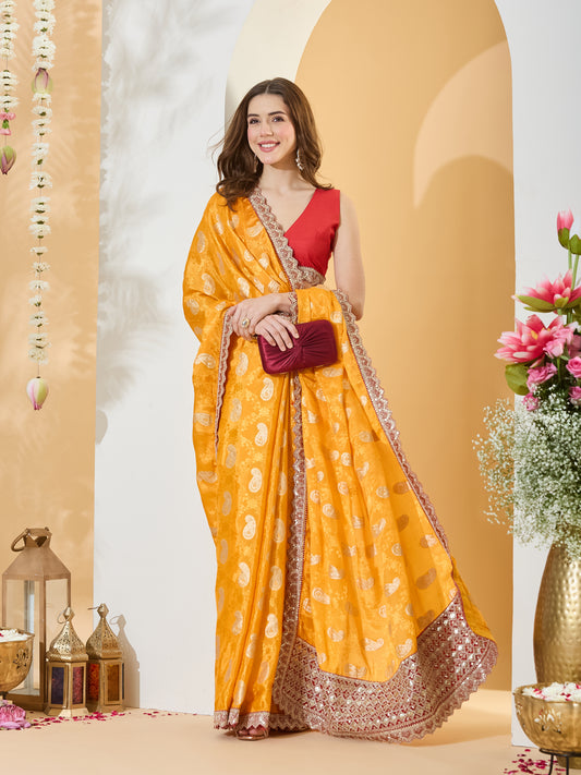 Dhriti Orange Zari Butta Viscose Silk Saree with Embellished Border & Red Blouse Piece