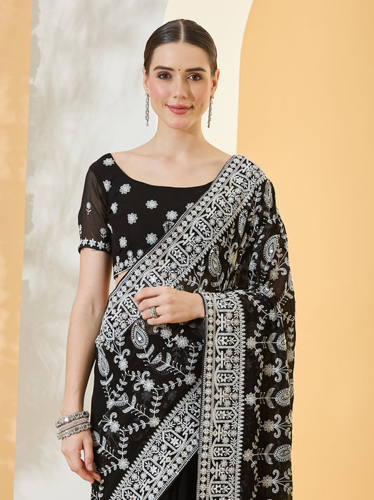 Sharvani Black Embroidered Georgette Saree with Embellished Border & Black Blouse Piece
